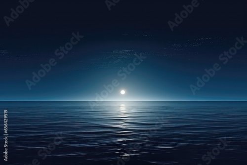 Full Moon Rising Over Empty Ocean At Night, Providing Ample Copy Space For Various Uses