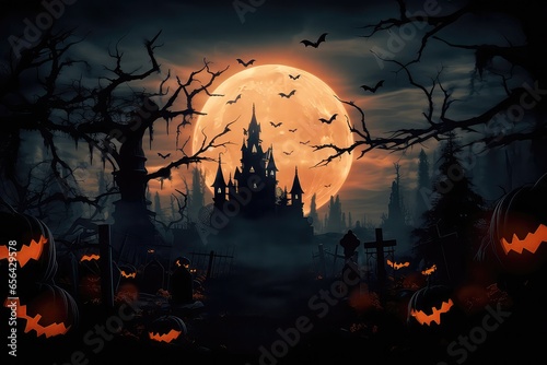 Halloween Night Scene Background Featuring Castle Engulfed In Flames Within Graveyard And Bats In The Night, Generated Using Ai © Anastasiia