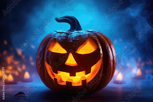 Halloween Concept Image Featuring Scary Pumpkin With Luminous Face In Smoky Neonlighted Background