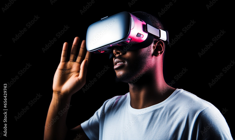An adult male using AR glasses, black man, virtual reality glasses An adult male using AR glasses, black man, virtual reality glasses