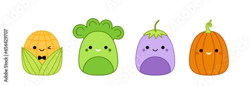 Vegetables. Corn, pumpkin, eggplant, broccoli. Squishmallow Pillow Kawaii vector