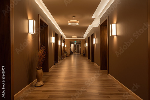 A Cozy and Elegant Mocha Colored Hallway Interior with Inviting Wooden Accents  Soft Lighting  and Spacious Design.