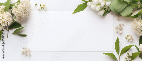 Framework for photos or congratulations, spring background, white flower, Generative Ai photo