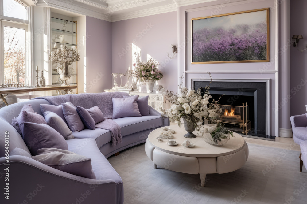 Fototapeta premium A Cozy and Elegant Living Room Interior in Beautiful Shades of Purple and Lavender, Creating a Serene and Inviting Atmosphere with Stylish Accessories, Modern Lighting, and Vibrant Artwork.
