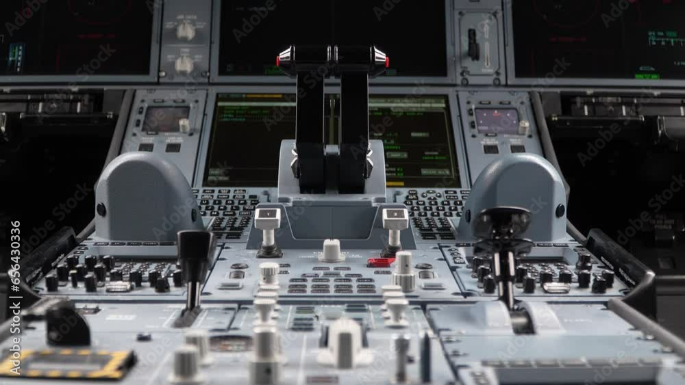 Tableau de bord central du cockpit d'un avion, central dashboard of an airplane cockpit