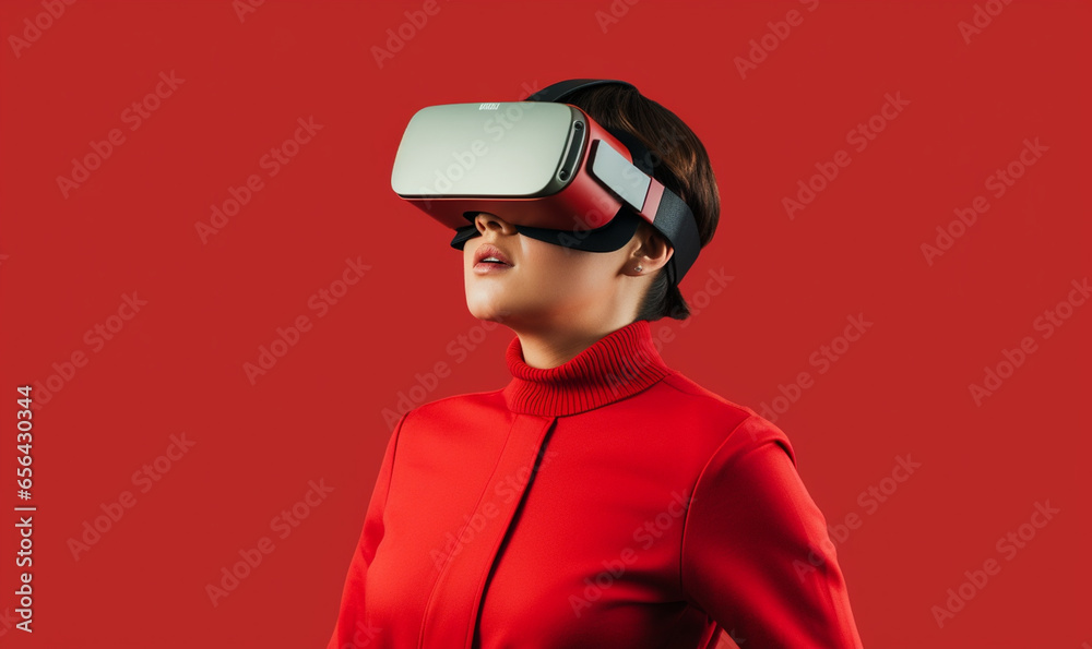 A young Asian female using AR glasses, virtual reality glasses A young Asian female using AR glasses, virtual reality glasses