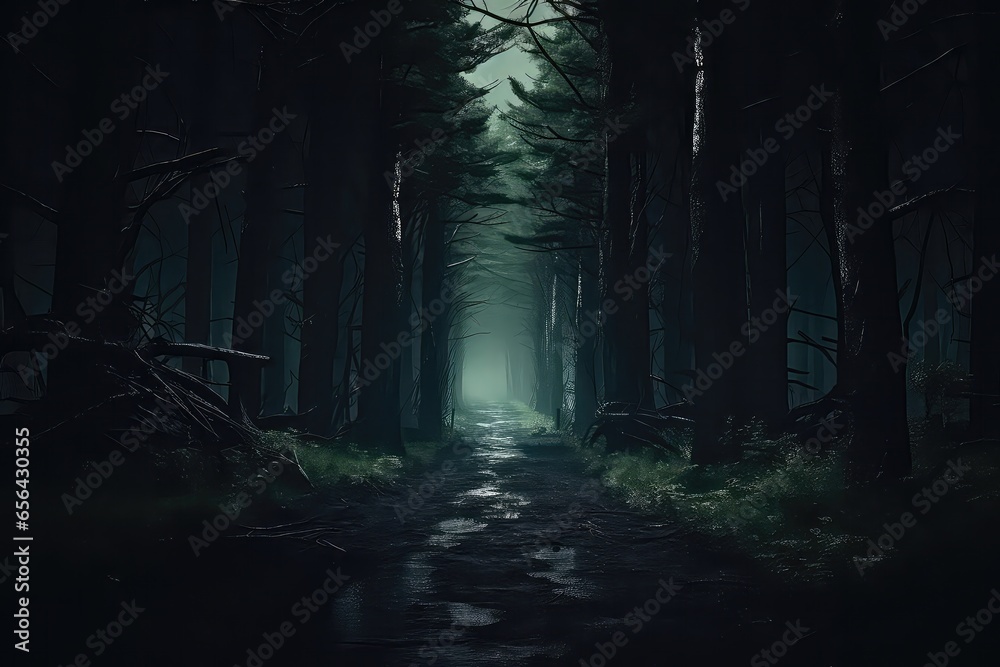 Pathway Through Dark Forest, Leading To Unknown Adventures