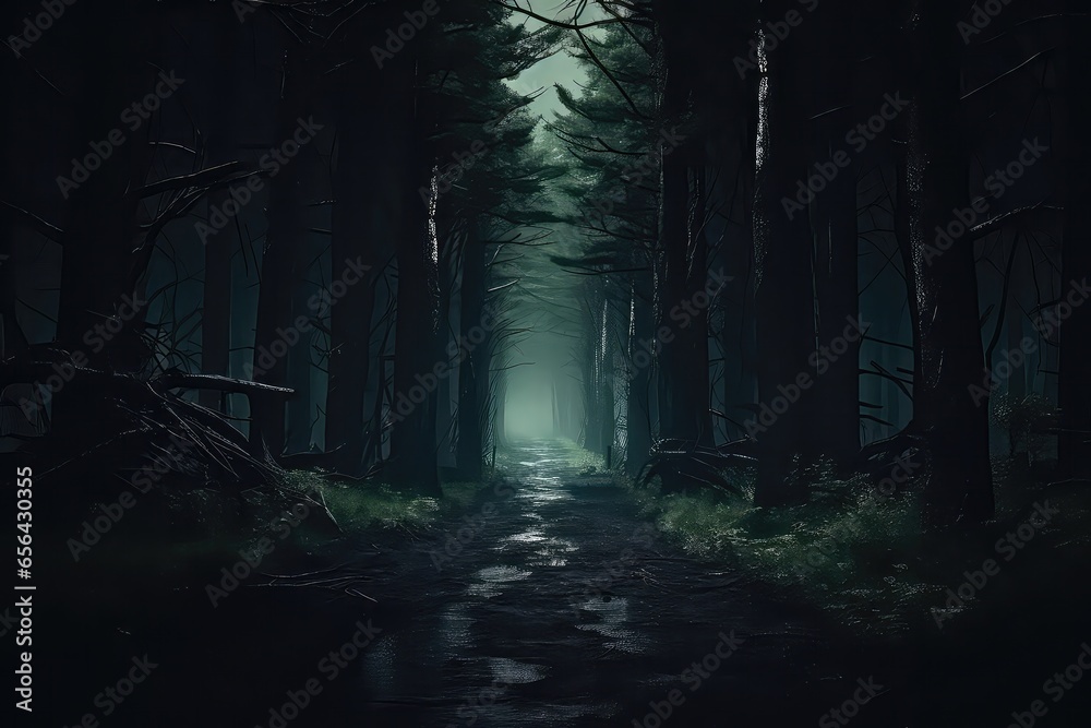 Fototapeta premium Pathway Through Dark Forest, Leading To Unknown Adventures