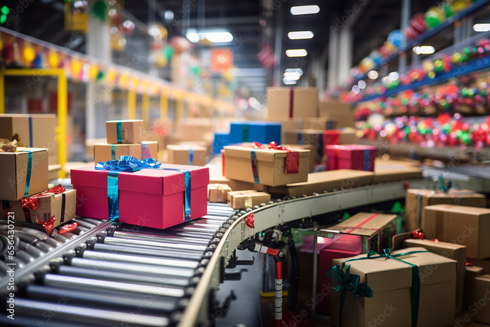 Closeup of multiple colorful fancy Christmas gift and presents moving along a conveyor belt in a warehouse fulfillment center, which decorated by christmas ornament.