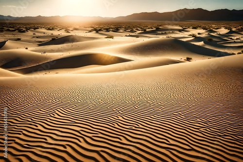 A deserted desert landscape with endless sand dunes stretching to the horizon under a scorching sun.  Ultra-high quality image