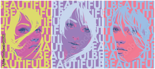 Woman face with glitters. 60s pop art poster. Retro fashion portrait