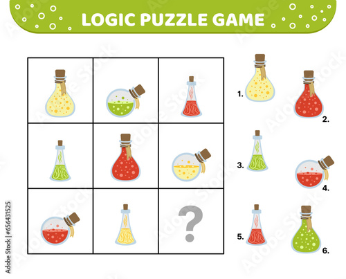 Logic puzzle game. Magic potion. For kids Cartoon flat