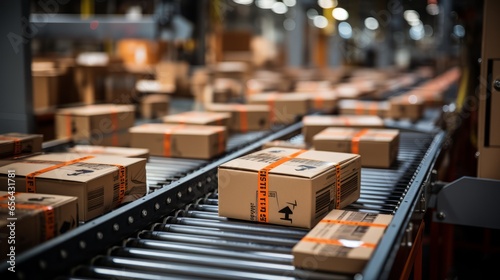 Close-up of several cardboard packages, on a conveyor belt
