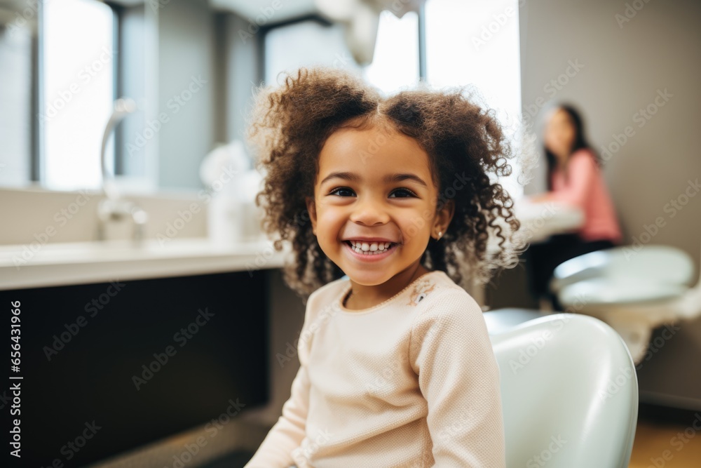 Smiling portrait of a young african american girl sitting in a dentists office - obrazy, fototapety, plakaty 