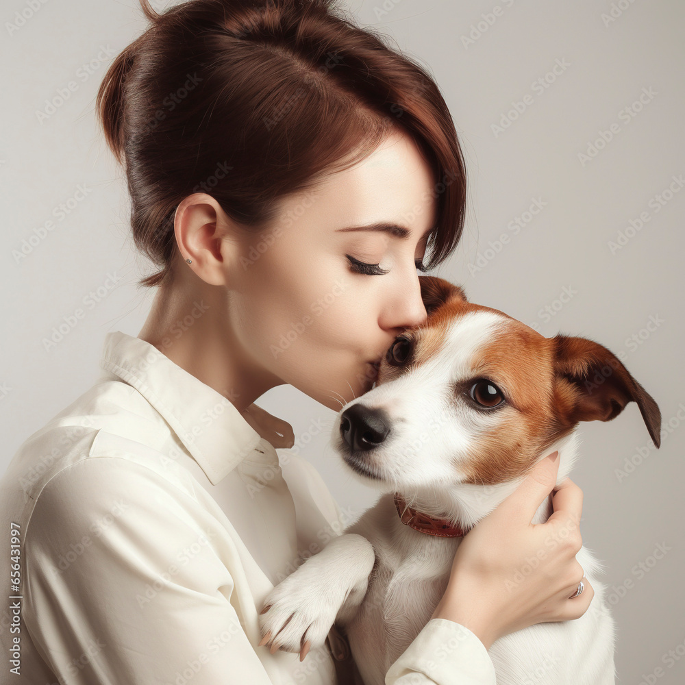 modern woman hugging with feeling her beloved small dog. generative AI modern woman hugging with feeling her beloved small dog. generative AI