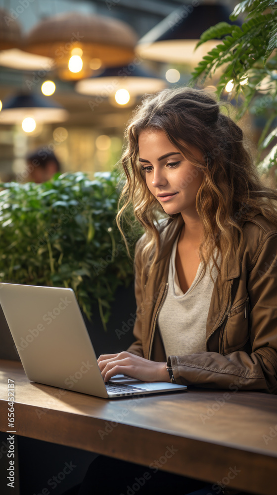 woman working on laptop in cafe woman working on laptop in cafe