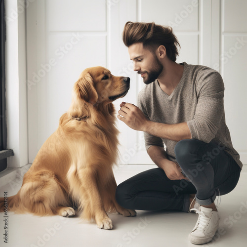 Wallpaper Mural modern man looking tenderly and with feeling at his beloved dog. Generative AI Torontodigital.ca