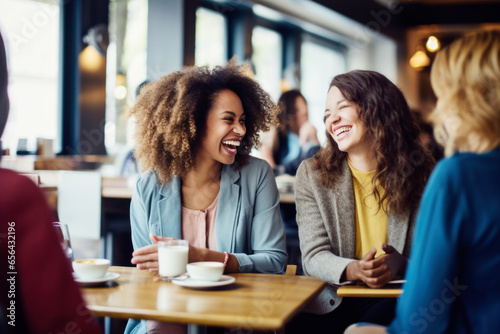 Happy smiling female friends sitting in a caf   laughing and talking during a lunch break