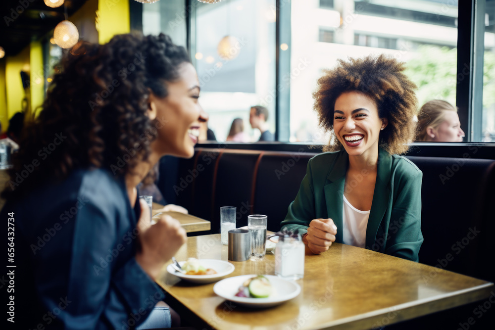 Happy smiling female friends sitting in a café laughing and talking during a lunch break