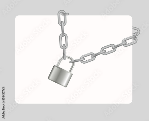 Padlock and chain. Gray metal chain and padlock, handcuffed card, vector