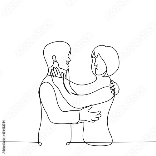 man tries to hug or cuddle a woman who doesn’t want it and pushes him away with his hands - one line art vector. concept offended woman, relationship difficulties, harassment, non-tactile person