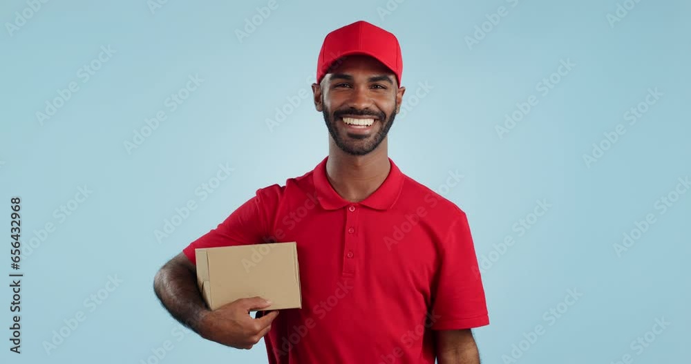 Happy man, box and delivery in transport service, package or order in studio against a blue background. Portrait of male person or courier guy smile with parcel, cargo or logistics on mockup space Happy man, box and delivery in transport service, package or order in studio against a blue background. Portrait of male person or courier guy smile with parcel, cargo or logistics on mockup space