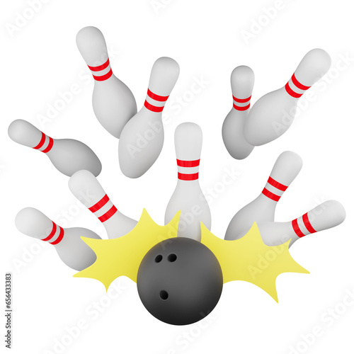 Bowling ball hit bowling pins clipart flat design icon isolated on transparent background, 3D render sport and exercise concept 2
