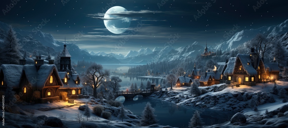 Festive snowy scene featuring snow-covered hills, a mountainous village, deer, woodland, pine trees, and reindeer. Seasonal natural backdrop with fox, elevations, and dwellings. Festive snowy scene featuring snow-covered hills, a mountainous village, deer, woodland, pine trees, and reindeer. Seasonal natural backdrop with fox, elevations, and dwellings.