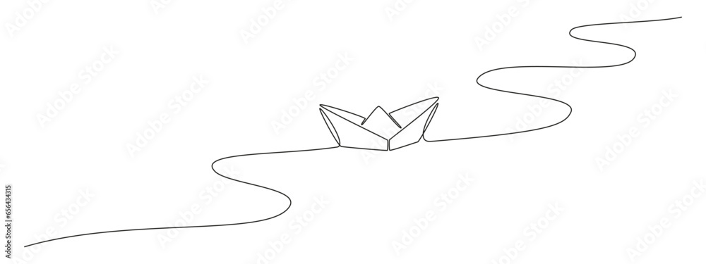 One continuous line drawing of paper boat. Origami ship concept for success leadership of business in simple linear style. Editable stroke. Doodle Vector illustration