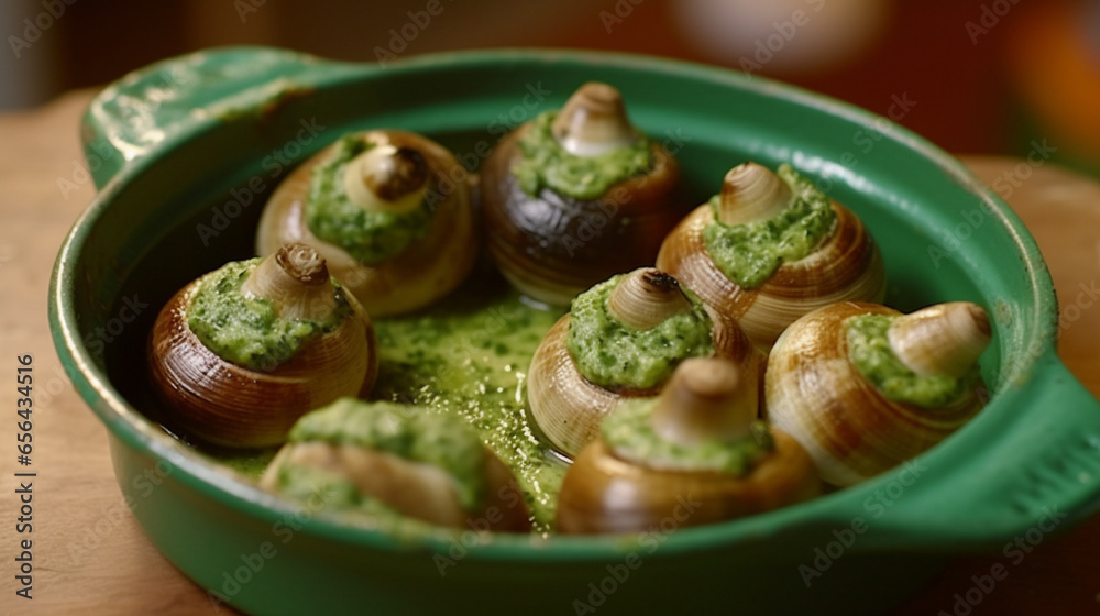 Close up of Baked Bourgogne Escargot Snails with garlic herbs butter