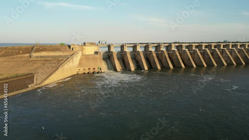 Aerial view of Bloemhof Dam wall, rise up to reveal high water level in reservoir photo