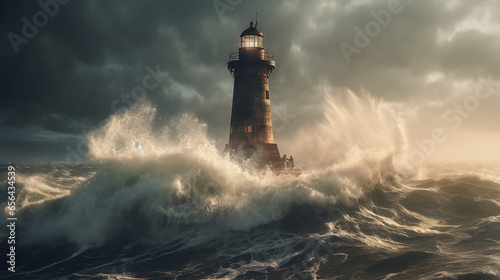 A weathered Lighthouse  A massive splash  an explosion of water 