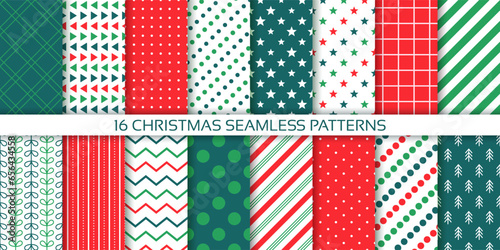 Christmas background. Xmas pattern. Seamless prints with polka dot, candy cane stripes, zig zag, triangle, plaid. Set New year textures. Festive wrapping paper. Red green backdrop. Vector illustration