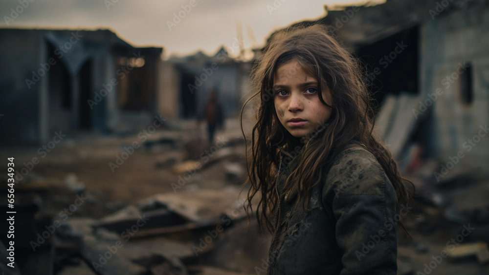 Fototapeta premium A girl with a sad expression standing in a ruined village in the Middle East