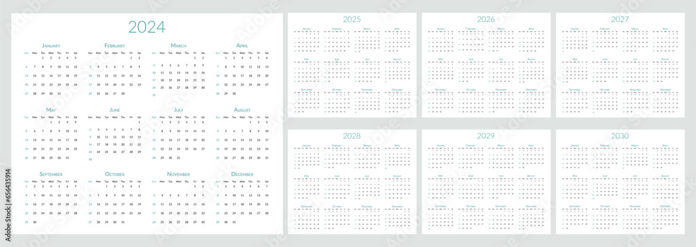 2024 2025 2026 2027 2028 2029 2030 years calendar. The week starts on Sunday. Desk planner template with 12 months. Yearly stationery diary. Vector illustration - obrazy, fototapety, plakaty 