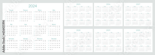 2024 2025 2026 2027 2028 2029 2030 years calendar. The week starts on Sunday. Desk planner template with 12 months. Yearly stationery diary. Vector illustration