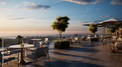 Terrace of the restaurant on the roof with a view of the sea