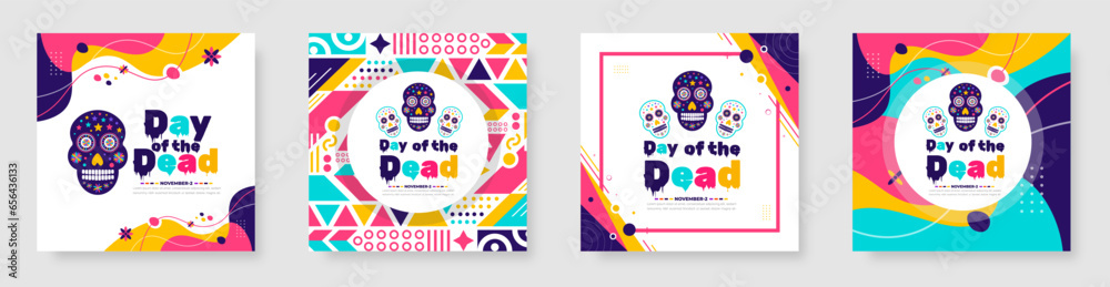 Day of the dead, Dia de los muertos, Día de Muertos colorful Mexican skull art social media post banner design template. traditional Mexican holiday poster, party flyer, greeting card, banner