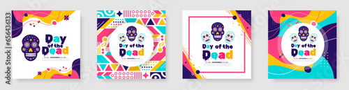 Day of the dead, Dia de los muertos, Día de Muertos colorful Mexican skull art social media post banner design template. traditional Mexican holiday poster, party flyer, greeting card, banner