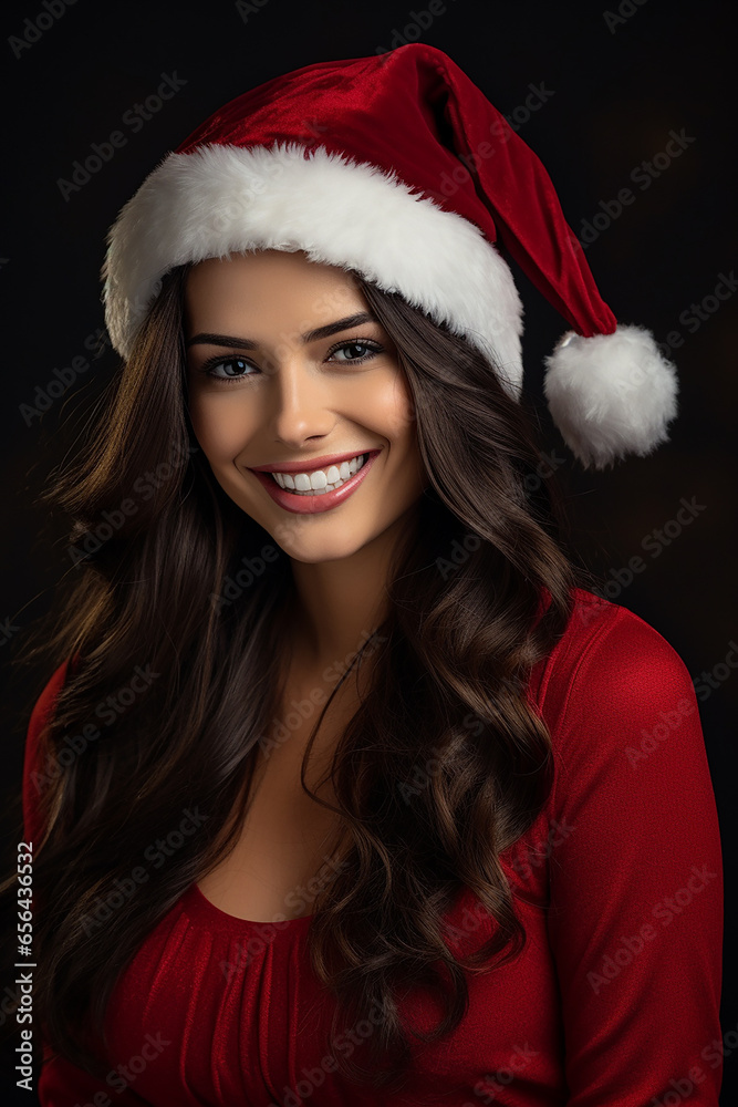 portrait of beautiful smiling woman in santa claus wearing portrait of beautiful smiling woman in santa claus wearing