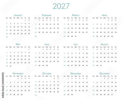 2027 year calendar. The week starts on Sunday. Desk planner template with 12 months. Yearly stationery diary. Vector illustration
