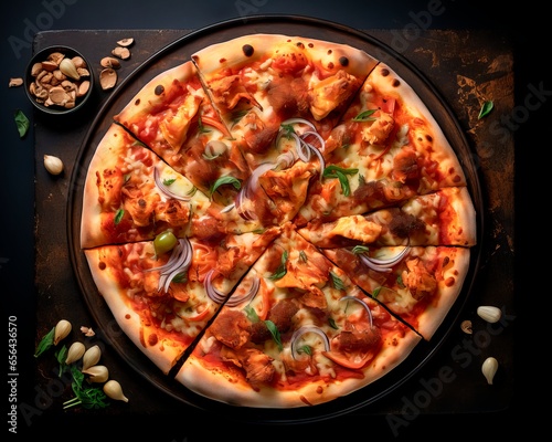 Fresh baked pizza closeup on wooden board