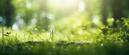 Summer Beautiful spring perfect natural landscape background, Defocused green trees in forest with wild grass and sun beams, Generative AI