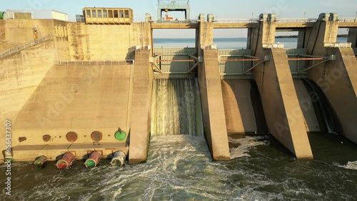 Front view of flowing sluice in Bloemhof Dam wall. Pull back to see full dam wall and reservoir behind photo