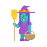 Witch three quarters holding broom holding basket and smiles