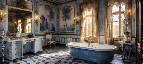 big blue and white bathroom interior  in the style of neoclassical scenes  light beige and gold  detailed botanical illustrations