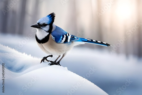 Fotografia Winter bird blue jay lands on a branch.