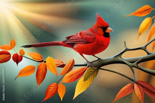 Autumn bird cardinal rests on a branch of a fiery red. © Laiba Rana