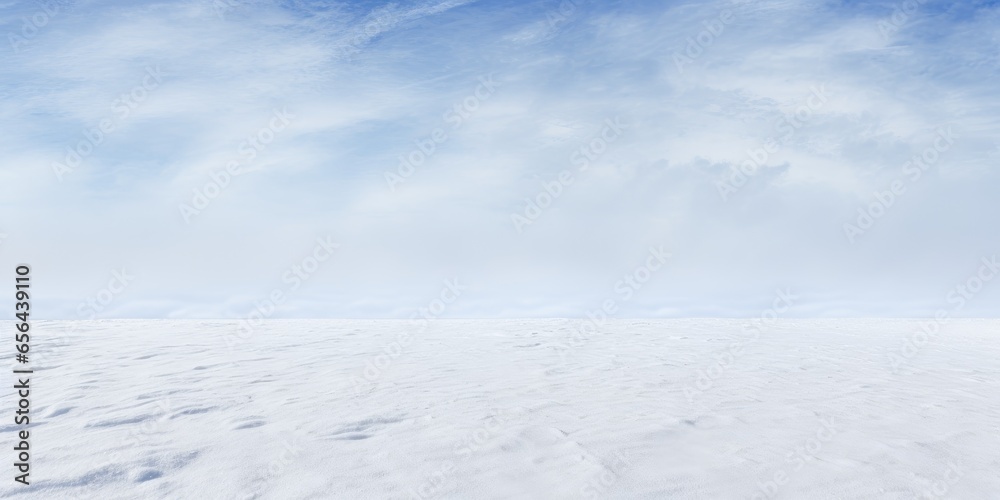 Panoramic view of the snow covered field. Winter landscape with snow drifts. Arctic ice desert. Christmas greeting card, banner concept with copy space for holiday season. Global warming concept Panoramic view of the snow covered field. Winter landscape with snow drifts. Arctic ice desert. Christmas greeting card, banner concept with copy space for holiday season. Global warming concept