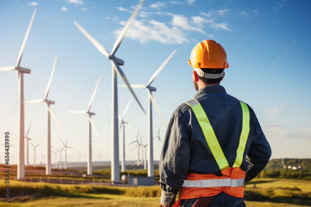 renewable energy, Worker looking and enjoying windmills, wind energy, AI generated